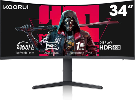 KOORUI 34 Inch Ultrawide Curved Gaming Monitor 165HZ, 1ms, 1000R, WQHD 3440 * 1440, 21:9, DCI-P3 90% Color Gamut, Adaptive Sync Compatible, Tilt/Height Adjustable Stand, HDMI, Display Port, Black