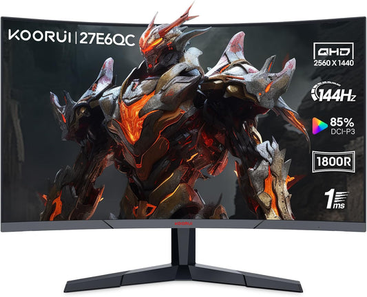 KOORUI 27 Inch Computer Monitor, QHD 2560P Gaming Monitor 144Hz(1ms, 1800R Curved VA Panel, DP1.2+HDMI*2, AdaptiveSync, Narrow Bezel with Ultra-Thin), Tilt Adjustable,Eye Care