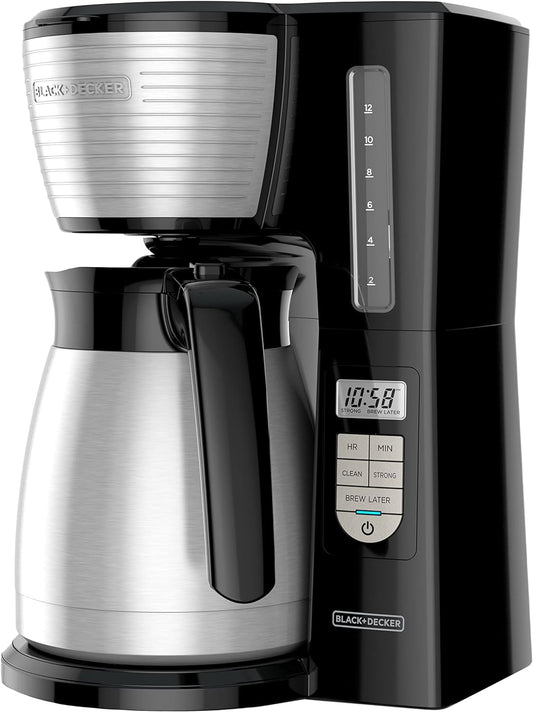 BLACK+DECKER 12-Cup Thermal Programmable Coffee maker, Brew Strength Selector, Auto-clean, Black and Silver